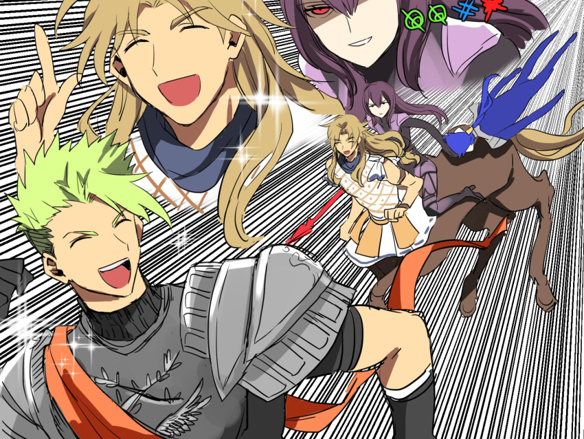 1girl 3boys :d achilles_(fate) armor blue_bodysuit blue_hair bodysuit breastplate centaur chiron_(fate) closed_eyes cu_chulainn_(fate/grand_order) emphasis_lines evil_smile eyebrows_visible_through_hair fate/grand_order fate_(series) gae_bolg green_hair highres holding holding_weapon lance lancer light_brown_hair long_hair multiple_boys open_mouth polearm purple_hair red_eyes scathach_(fate)_(all) scathach_(fate/grand_order) shoulder_armor smile sparkle spaulders takashi_(onikukku) weapon