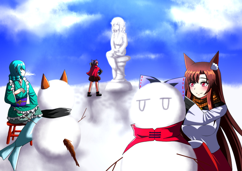 3girls animal_ear_fluff animal_ears aqua_hair bangs black_shirt blue_sky blush boots bow breasts brown_hair cape clouds commentary_request day dress green_kimono hair_bow hand_on_hip hand_on_own_head head_fins imaizumi_kagerou japanese_clothes kimono layered_dress long_hair long_sleeves looking_to_the_side luna_(luna3962) medium_breasts mermaid monster_girl multiple_girls obi outdoors pedestal plaid plaid_scarf red_cape red_eyes red_skirt redhead sash scarf sekibanki shirt short_hair short_kimono sitting skirt sky smile snow snow_sculpture snowman spit_take spitting stool swept_bangs touhou very_long_hair wakasagihime wide_shot wolf_ears