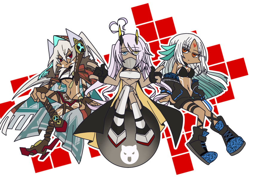 3girls ahoge azur_lane blue_eyes bodypaint bomb boots breasts cape cleavage commentary_request crop_top crop_top_overhang dark_skin facepaint feathers hair_feathers heart_ahoge heterochromia highres hood horns indianapolis_(azur_lane) jacket massachusetts_(azur_lane) midriff minneapolis_(azur_lane) multiple_girls nanashi_(protocol_001) native_american navel nuclear_weapon pink_hair ponytail red_eyes revealing_clothes under_boob white_hair yellow_eyes