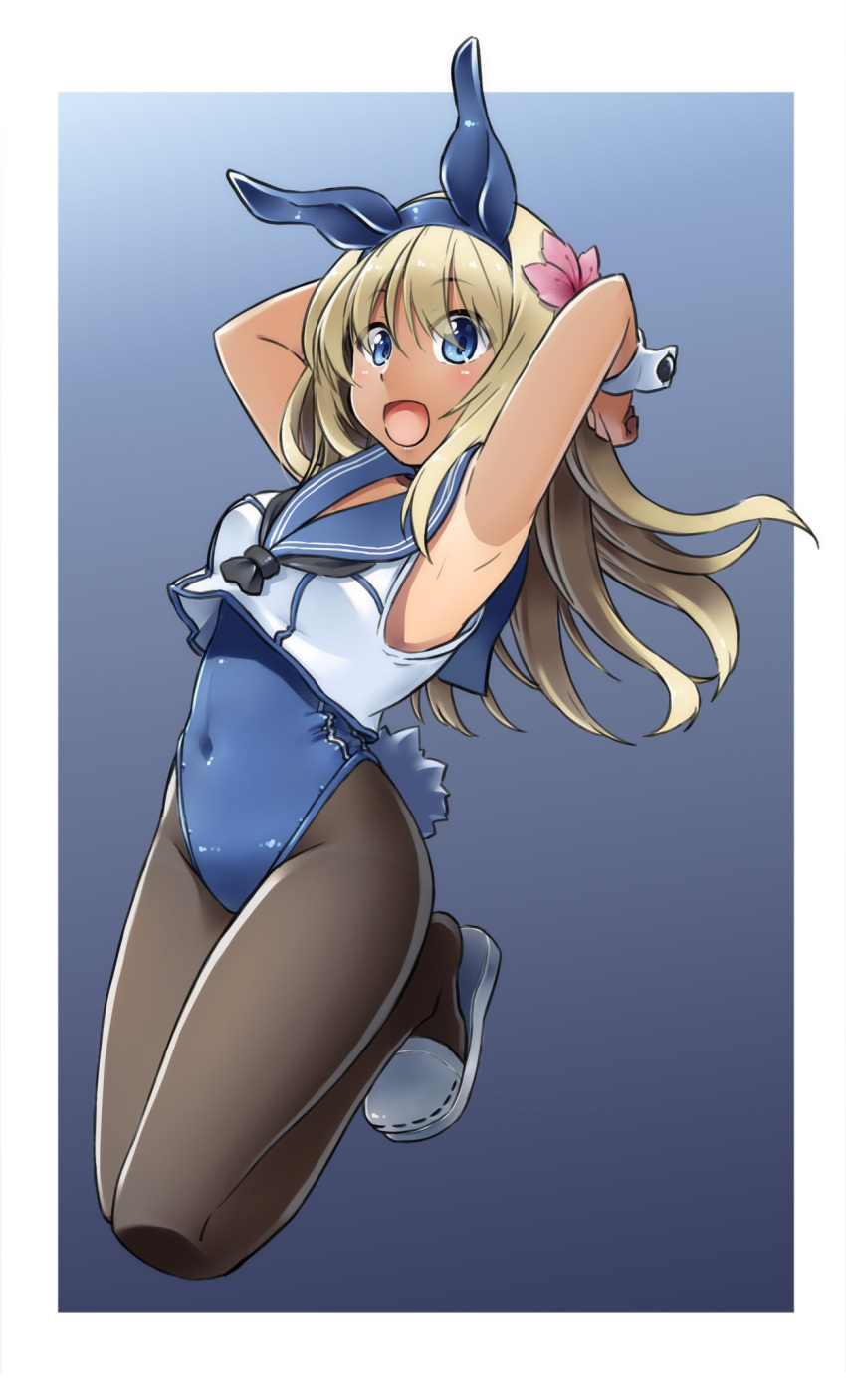 1girl :d adapted_costume alto-00 animal_ears arms_behind_head black_neckwear blonde_hair blue_background blue_eyes blue_leotard blue_sailor_collar bunny_girl bunny_tail bunnysuit crop_top gradient gradient_background highres kantai_collection leotard long_hair neckerchief one-piece_tan open_mouth pantyhose rabbit_ears ro-500_(kantai_collection) sailor_collar slippers smile solo strapless strapless_leotard tail tan tanline wrist_cuffs