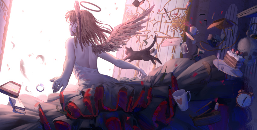 1girl alarm_clock animal bad_id bad_pixiv_id bag bangs bare_shoulders black_cat black_skirt brown_hair brown_wings cat cellphone clock closed_eyes commentary_request cup envelope feathered_wings feathers fork halo handbag heart highres jewelry ji_dao_ji layered_skirt mug original pencil pencil_case phone plate pleated_skirt ring saucer shirt skirt skull solo sunlight teacup white_shirt wings