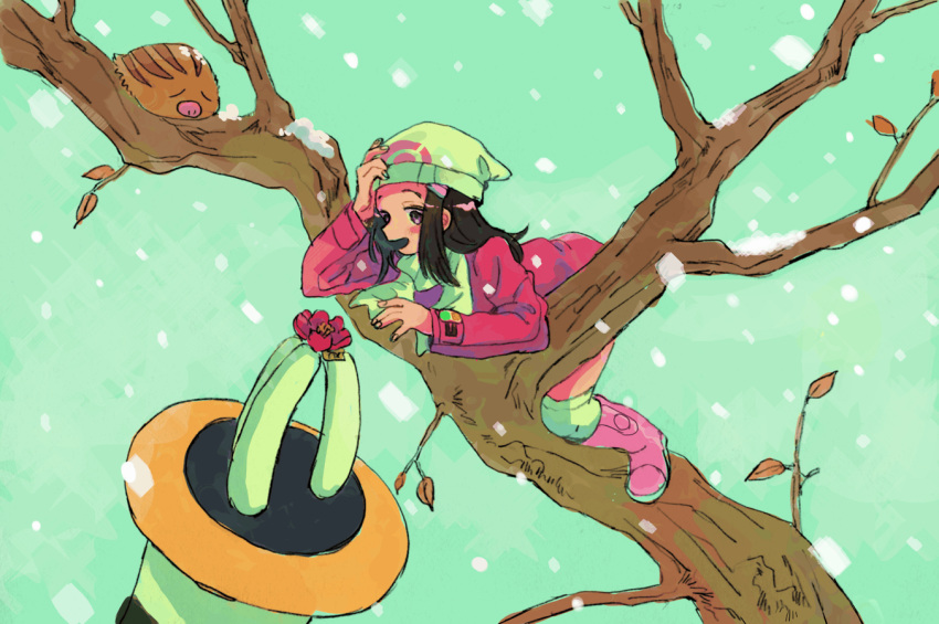 1girl :d bare_tree black_hair boots coat creatures_(company) flower game_freak gen_2_pokemon gen_4_pokemon hair_ornament hat hikari_(pokemon) in_tree long_hair long_sleeves nintendo open_mouth pink_coat pink_flower pink_footwear pokemon pokemon_(creature) pokemon_(game) pokemon_dppt pokemon_platinum regigigas scarf smile snow snowing solo swinub tanbo-san tree white_hat white_scarf