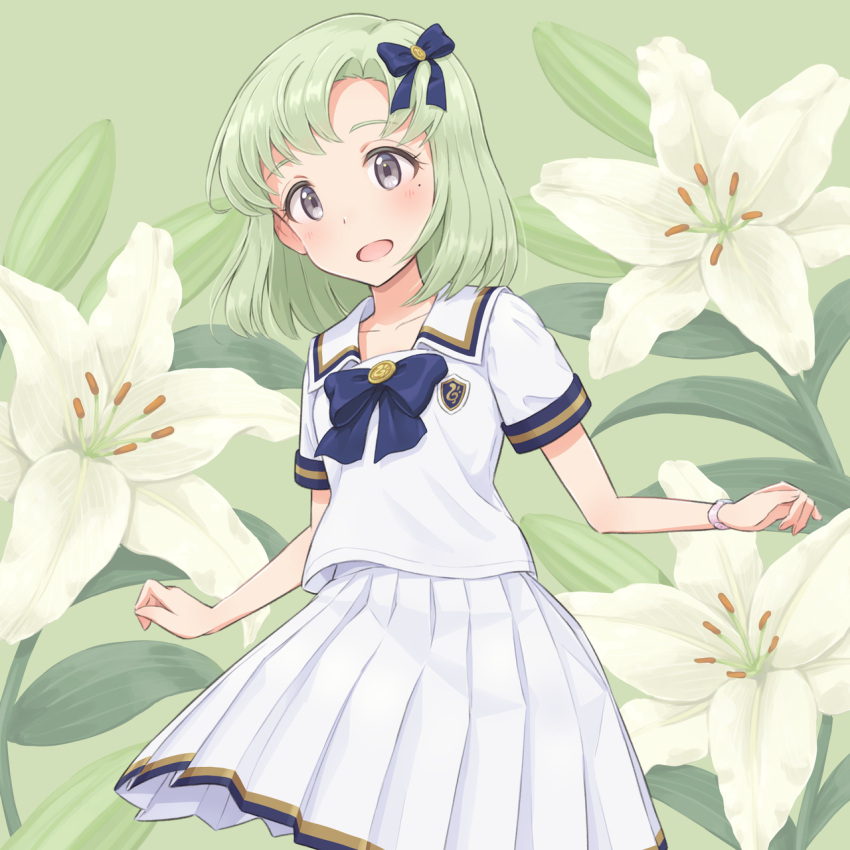 1girl blue_bow blush bow bowtie commentary cowboy_shot floral_background flower green_background green_hair grey_eyes hair_bow highres idolmaster idolmaster_(classic) idolmaster_million_live! idolmaster_million_live!_theater_days idolmaster_stella_stage lily_(flower) looking_at_viewer mole mole_under_eye open_mouth pleated_skirt razi school_emblem school_uniform shiika_(idolmaster) short_hair short_sleeves skirt smile solo standing watch watch white_flower white_skirt