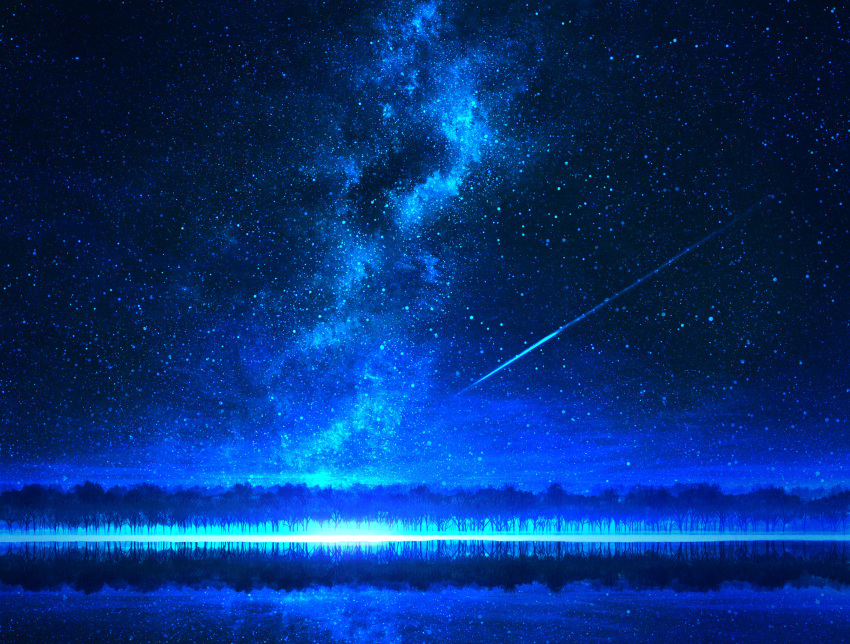 absurdres commentary forest highres lake milky_way mks nature night night_sky no_humans original outdoors reflection scenery shooting_star sky star_(sky) starry_sky water_surface