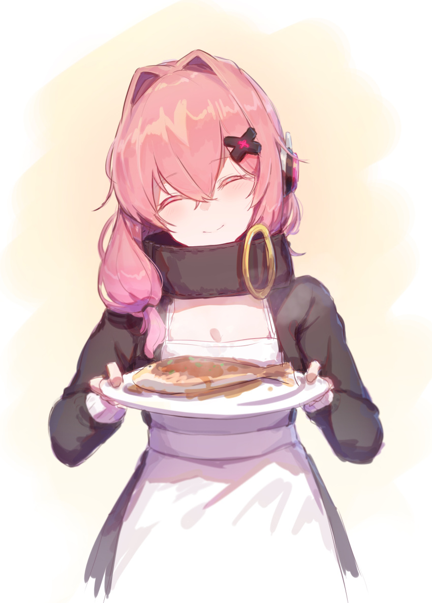 1girl 735308747 ^_^ absurdres apron blush closed_eyes closed_eyes commentary commentary_request fish food girls_frontline hair_between_eyes hair_intakes hair_ornament highres k31_(girls_frontline) pink_hair smile