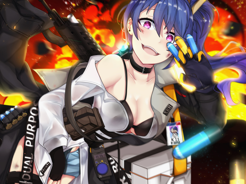 1girl absurdres bag bangs bikini black_bikini blue_hair blurry_foreground blush breasts choker cleavage clothes_writing collarbone cooler earrings explosion explosive fire girls_frontline grenade hair_between_eyes highres holding_grenade huge_filesize jewelry k11_(girls_frontline) kinoshita_akira leather_choker light_particles long_hair messy_hair motion_blur multimeter multiple_earrings multiple_straps name_tag off_shoulder open_clothes open_mouth shirt shorts side_ponytail sidelocks signature smile snap-fit_buckle solo stud_earrings swimsuit unbuttoned_pants violet_eyes white_shirt