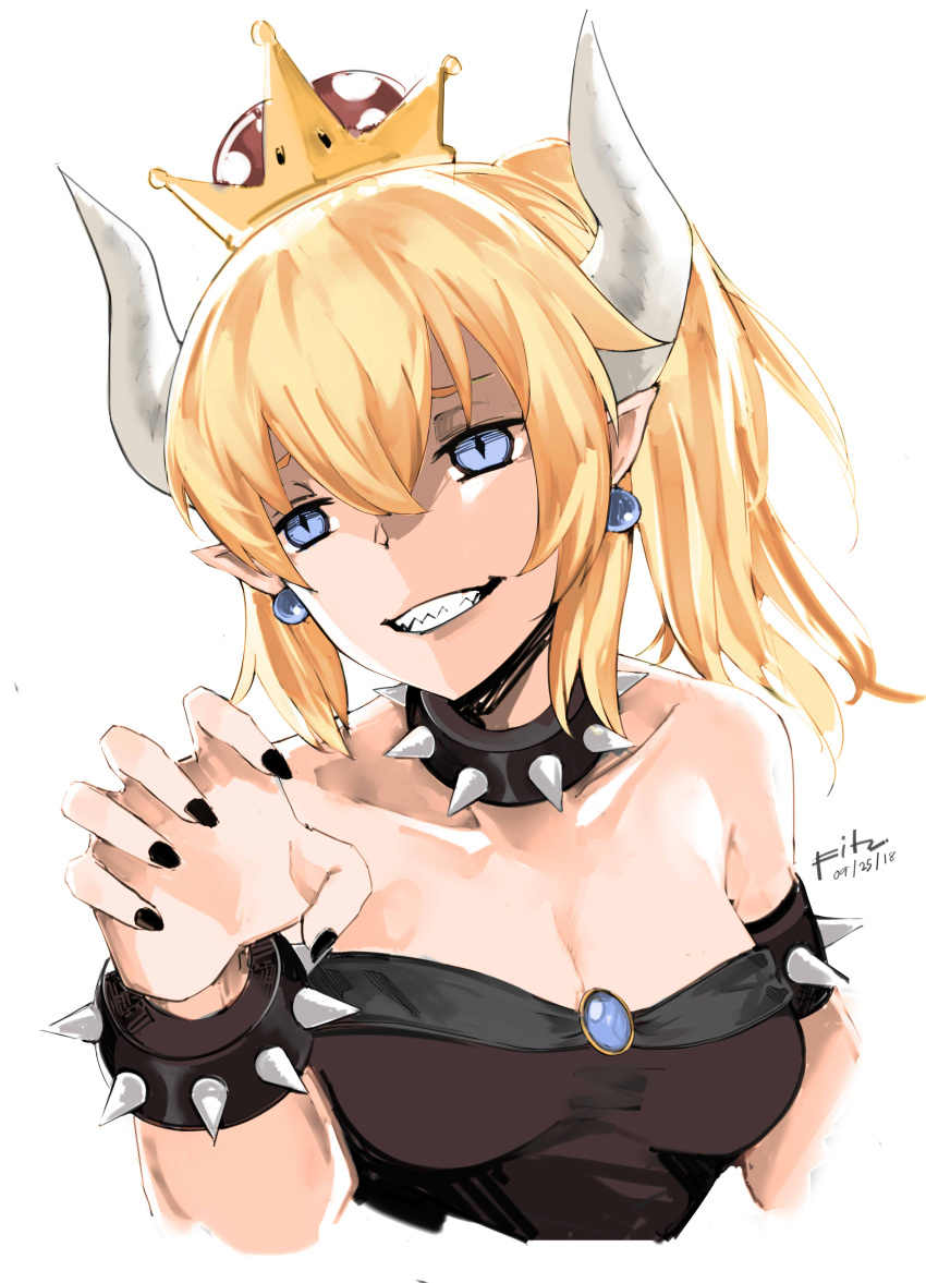 1girl absurdres armlet artist_name black_nails blonde_hair blue_eyes bowsette breasts cleavage collar collarbone cropped_torso dated earrings fitz_(fita_is_the_smartest) grin hair_between_eyes highres horns jewelry long_hair looking_at_viewer super_mario_bros. nail_polish new_super_mario_bros._u_deluxe nintendo pointy_ears ponytail sharp_teeth signature sketch slit_pupils smile solo spiked_armlet spiked_bracelet spiked_collar strapless super_crown teeth upper_body