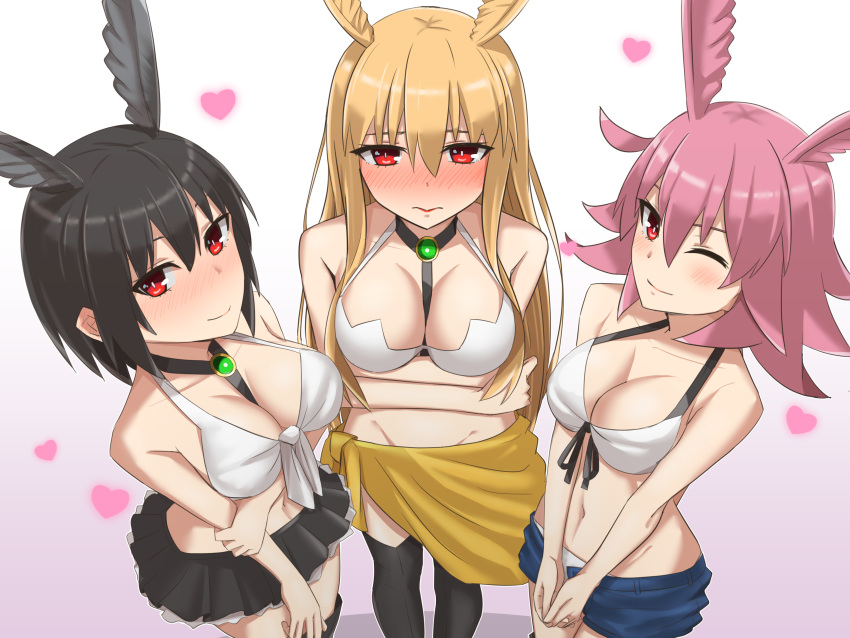 3girls absurdres bikini black_hair blonde_hair breasts cleavage collarbone commentary_request elfenlied22 fate/grand_order fate_(series) head_wings heart highres hildr_(fate/grand_order) long_hair looking_at_viewer looking_up medium_breasts midriff multiple_girls one_eye_closed ortlinde_(fate/grand_order) pink_hair red_eyes sartong short_hair skirt swimsuit thrud_(fate/grand_order) valkyrie_(fate/grand_order)