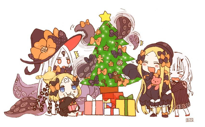 &gt;_&lt; /\/\/\ 4girls :d :i :o ^_^ abigail_williams_(fate/grand_order) bangs black_bow black_dress black_footwear black_hat black_jacket blonde_hair blue_eyes blush bow box bug butterfly christmas christmas_ornaments christmas_tree closed_eyes closed_mouth dress eating eyebrows_visible_through_hair fate/grand_order fate_(series) food food_on_face forehead gift gift_box gingerbread_man hair_bow hair_bun hat highres insect jacket key lavinia_whateley_(fate/grand_order) long_hair long_sleeves multiple_girls multiple_persona object_hug open_mouth orange_bow parted_bangs polka_dot polka_dot_bow red_eyes red_footwear signature sitting sleeves_past_fingers sleeves_past_wrists smile sofra standing star stuffed_animal stuffed_toy suction_cups teddy_bear tentacle v-shaped_eyebrows very_long_hair white_background white_hair witch_hat
