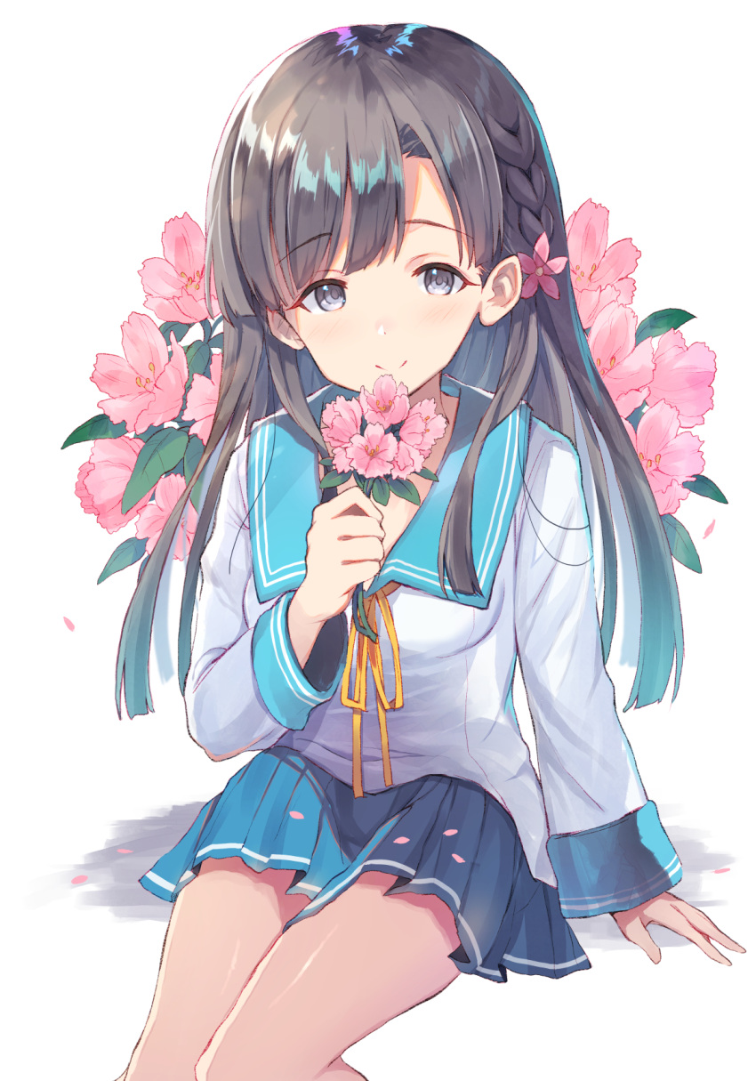 1girl bangs blue_sailor_collar blue_skirt blush braid brown_hair closed_mouth commentary_request eyebrows_visible_through_hair flower grey_eyes hair_flower hair_ornament highres holding holding_flower idolmaster idolmaster_cinderella_girls kobayakawa_sae long_hair long_sleeves neck_ribbon pink_flower pleated_skirt ribbon sailor_collar school_uniform serafuku shirt simple_background skirt sleeves_past_wrists smile solo ultone_(neisiss) very_long_hair white_background white_shirt yellow_ribbon