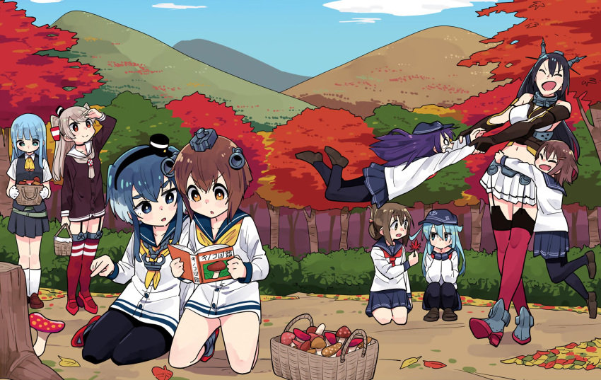 6+girls akatsuki_(kantai_collection) amatsukaze_(kantai_collection) anchor_symbol ascot autumn_leaves bangs basket black_gloves black_hair black_legwear black_skirt blue_eyes blue_hair blunt_bangs book brown_dress brown_eyes brown_hair closed_eyes dress elbow_gloves fang fingerless_gloves flat_cap folded_ponytail forest garter_straps gloves gradient_hair hair_ornament hair_tubes hairband hairclip hat hatsukaze_(kantai_collection) headgear hibiki_(kantai_collection) highres hime_cut ikazuchi_(kantai_collection) inazuma_(kantai_collection) kantai_collection kneeling light_brown_hair loafers long_hair long_sleeves mini_hat miniskirt mountain multicolored_hair multiple_girls mushroom nagato_(kantai_collection) nature neckerchief open_mouth pantyhose pleated_skirt pointing sailor_collar sailor_dress school_uniform serafuku shoes short_dress short_hair short_hair_with_long_locks skirt speaking_tube_headset squatting striped striped_legwear thigh-highs tokitsukaze_(kantai_collection) tonmoh tree two_side_up vest white_gloves yellow_eyes yellow_neckwear yukikaze_(kantai_collection)