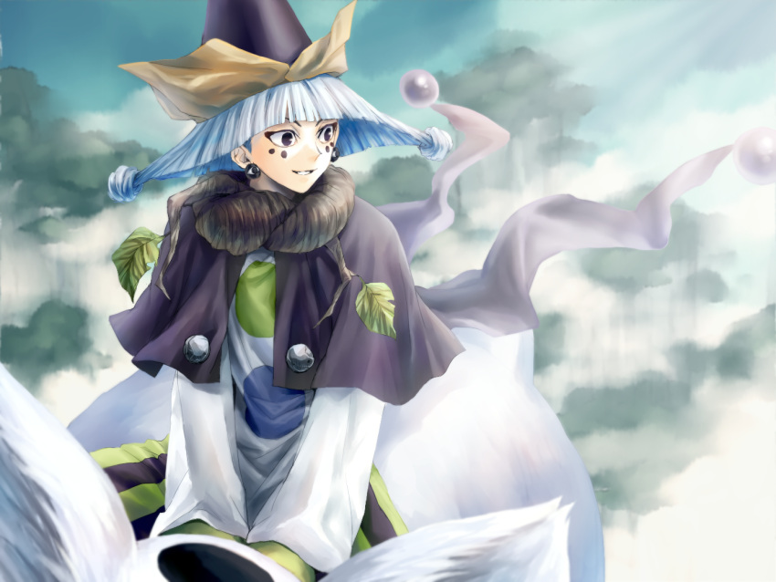 1boy above_clouds black_capelet black_eyes capelet clouds earrings facial_mark hat houshin_engi jewelry leaf looking_to_the_side male_focus mountain riding scarf shinkouhyou sky smile solo suji white_hair