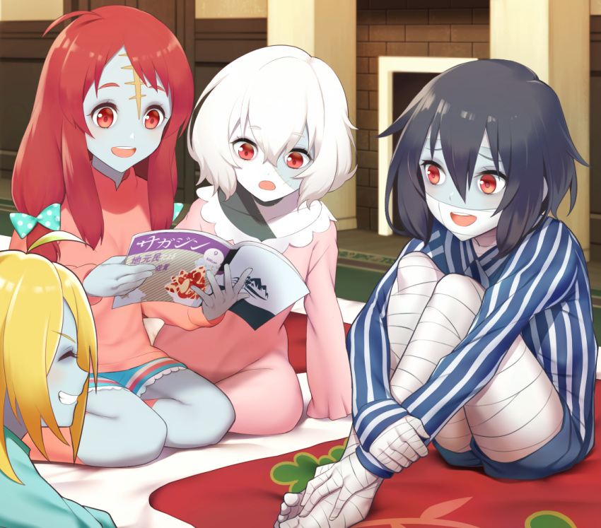 4girls ahoge bandage black_hair blonde_hair blue_skin bow closed_eyes closed_mouth fireplace forehead_scar futon hair_between_eyes konno_junko long_hair long_sleeves magazine minamoto_sakura mizuno_ai multiple_girls nikaidou_saki open_mouth pink_nightgown polka_dot polka_dot_bow reading red_eyes redhead scar short_hair shorts sitting smile stitches tsuchifumazu white_hair zombie zombie_land_saga