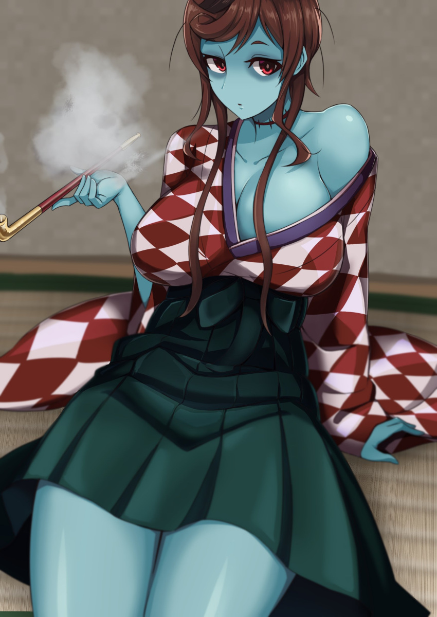 absurdres blue_skin breasts brown_hair cleavage collarbone hair_ornament highres japanese_clothes kimono large_breasts long_hair looking_at_viewer miniskirt off_shoulder pipe pleated_skirt red_eyes shi_shi_ji sitting skirt yuugiri_(zombie_land_saga) zombie zombie_land_saga