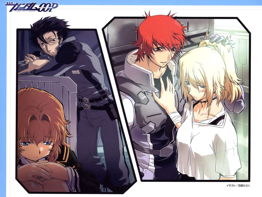 absurdres aqua_eyes bandages black_hair blonde_hair blue_eyes brown_eyes brown_hair chall_acustica character_request duplicate gundam gundam_00 gundam_00p highres ian_vashti long_hair marlene_vlady mobile_suit_gundam mobile_suit_gundam_00p red_hair ruido_resonance uon_taraku