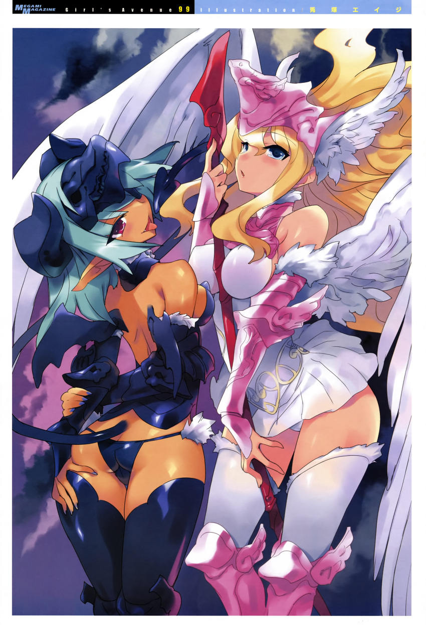 2girls :p absurdres angel angel_and_devil angel_wings blonde_hair blue_eyes blue_hair boots demon demon_girl demon_tail detached_sleeves devil female girl's_avenue hat highres long_hair megami multiple_girls official_art panties pink_eyes pointy_ears tail thigh-highs thighhighs tongue twintails underwear usatsuka_eiji wings