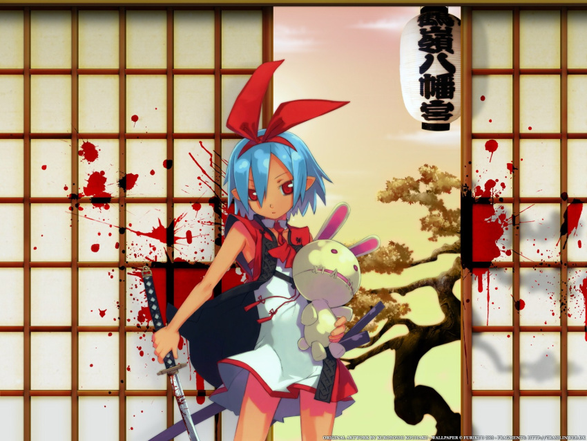 blood blue_hair disgaea kuroboshi_kouhaku pleinair rabbit sword