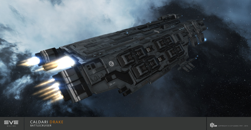 3d absurdres battlecruiser_(eve_online) caldari_state_(eve_online) combat_ship_(eve_online) commentary company_logo company_name copyright_logo copyright_name dated drake_(eve_online) eve_online fire flying glowing grey_background grey_theme highres kaalakiota_corporation_(eve_online) logo maya_(medium) military_vehicle no_humans official_art outdoors radio_antenna realistic science_fiction space spacecraft star_(sky) starry_sky_background support_ship_(eve_online) thrusters vehicle_focus vehicle_name ymir_jonsson