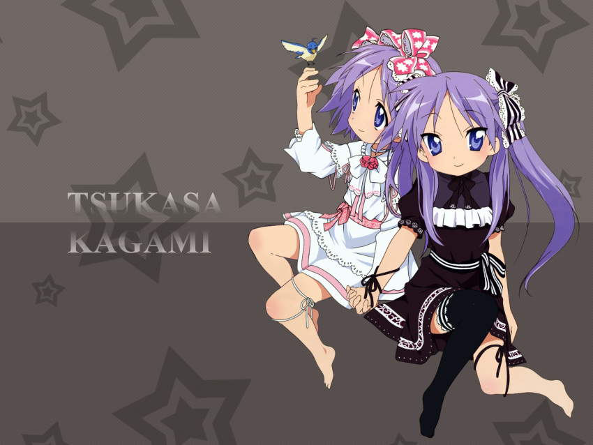 bird bird_on_hand dress frills gothic_lolita highres hiiragi_kagami hiiragi_tsukasa holding_hands lolita_fashion long_hair lucky_star purple_hair ribbon short_hair siblings sisters sweet_lolita twins wallpaper