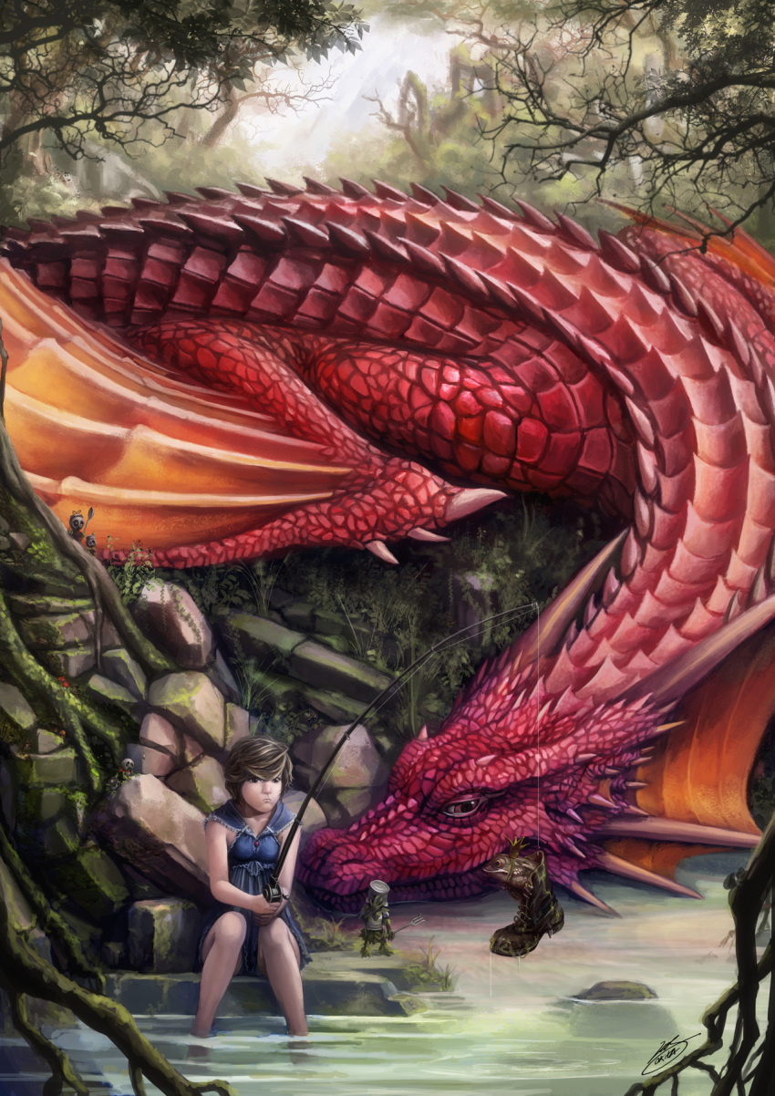 brown_hair dragon fishing forest highres nature okita pout river short_hair signature