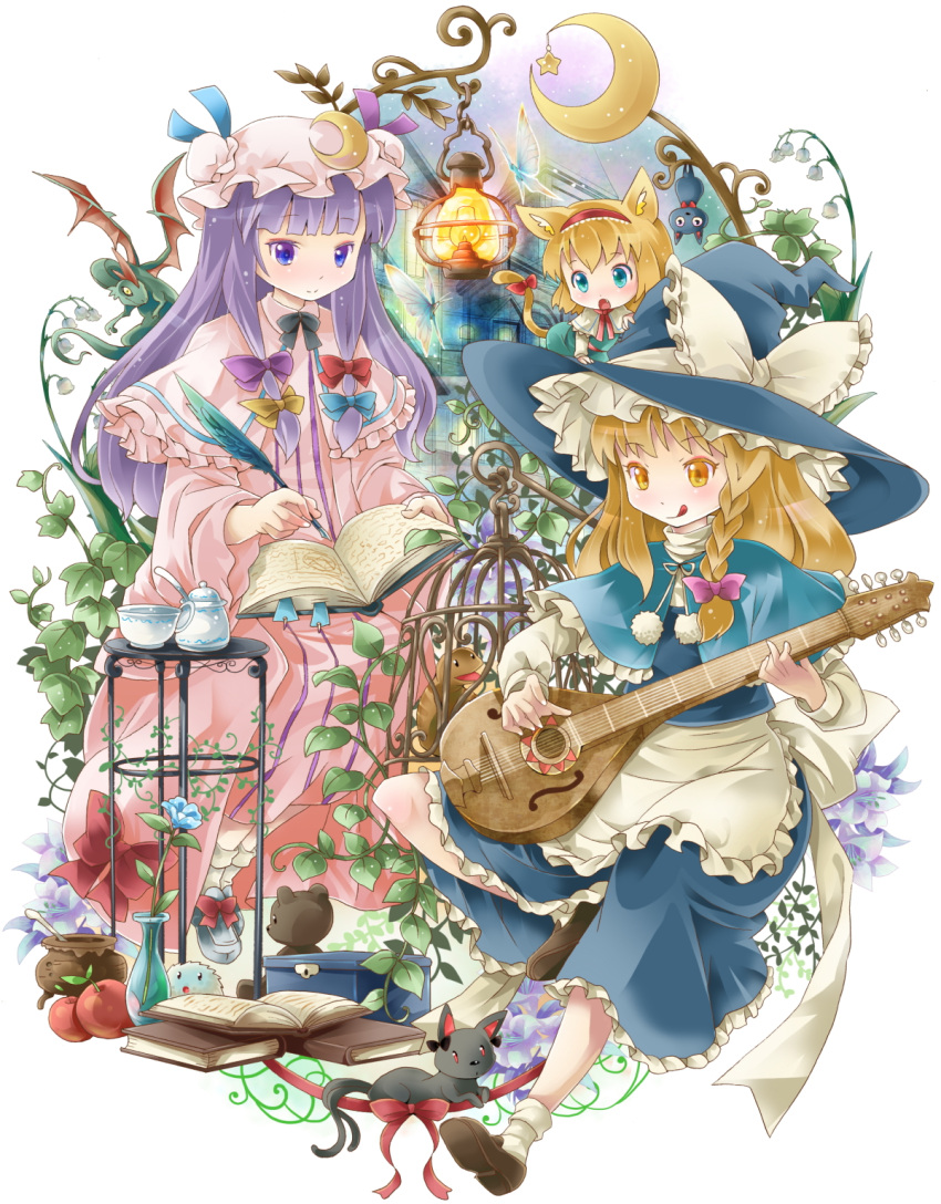 :d alice_margatroid animal_ears apple bad_id birdcage blonde_hair blue_eyes book butterfly cage cat cat_ears cat_tail chibi crescent dragon flower food fruit hat highres instrument kaenbyou_rin kaenbyou_rin_(cat) kedama kirisame_marisa long_hair michii_yuuki minigirl multiple_girls neko open_mouth patchouli_knowledge purple_eyes purple_hair ribbon short_hair smile star stuffed_animal stuffed_toy tail tail_ribbon teddy_bear touhou tsuchinoko witch_hat yellow_eyes