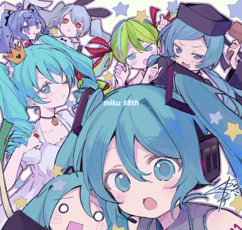 6+girls :o animal_ears anniversary aqua_eyes aqua_hair bare_shoulders black_sleeves blue_eyes blue_hair blush chibi choker collared_shirt crown dress drill_hair fake_animal_ears food green_hair grey_shirt guu_(oyasumi_gu) hair_between_eyes hair_ornament hairband hat hatsune_miku headphones highres holding holding_food holding_vegetable jewelry long_hair looking_at_viewer loveit_(vocaloid) miku_day mini_crown multiple_girls multiple_persona number_tattoo one_eye_closed open_mouth puffy_sleeves rabbit_ears rabbit_hole_(vocaloid) red_eyes red_ribbon ren'ai_saiban_(vocaloid) ribbon shirt short_sleeves signature sleeveless sleeveless_shirt smile spring_onion star_(symbol) tattoo tongue tongue_out twin_drills twintails vegetable vocaloid white_dress world_is_mine_(vocaloid) x_hair_ornament