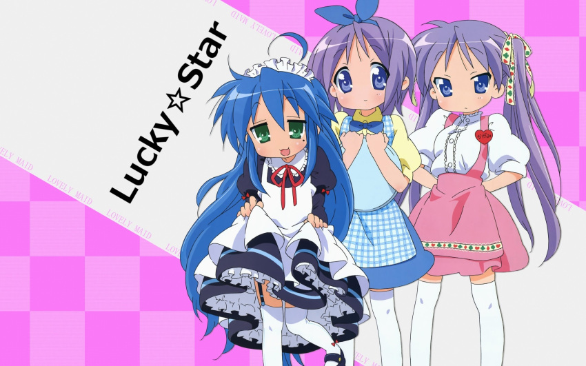 anna_miller apron highres hiiragi_kagami hiiragi_tsukasa izumi_konata lucky_star maid skirt skirt_lift thighhighs tray waitress wallpaper