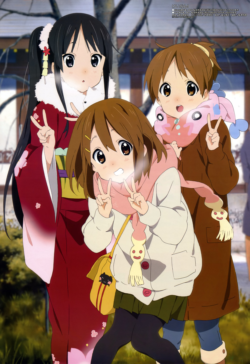 absurdres akiyama_mio bangs black_eyes black_hair blunt_bangs breath brown_eyes brown_hair coat cold highres hime_cut hirasawa_ui hirasawa_yui horiguchi_yukiko japanese_clothes k-on! kimono long_hair megami multiple_girls official_art open_mouth pantyhose ponytail scan scarf short_hair v very_long_hair winter_clothes yukata