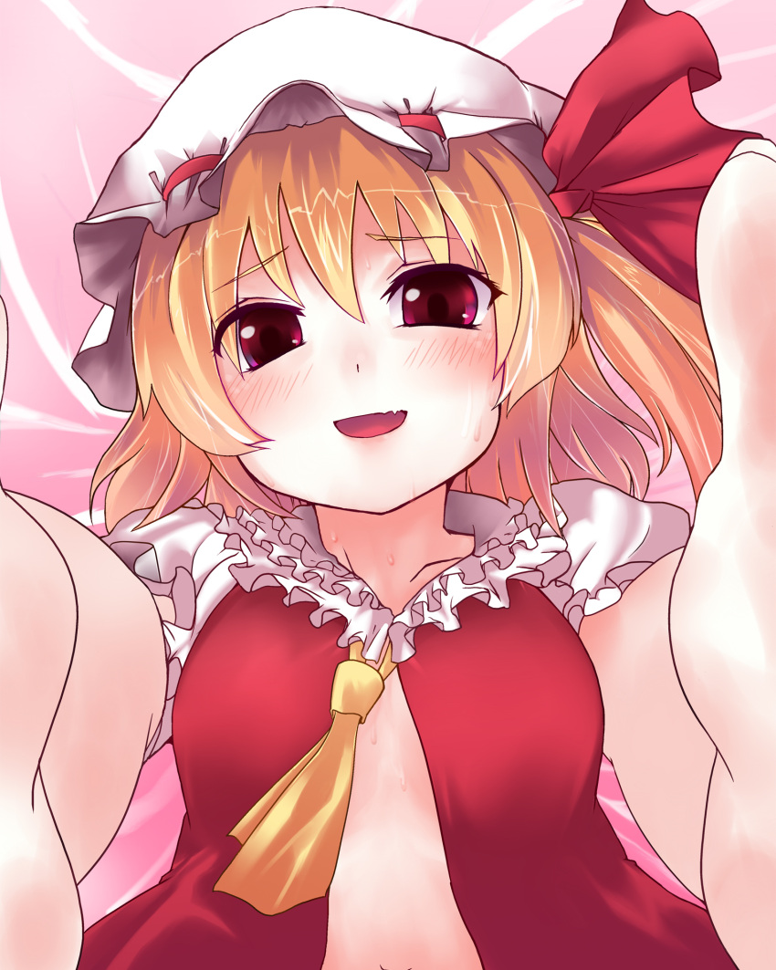 blonde_hair blush flandre_scarlet hat highres lying on_back open_clothes open_shirt ponytail pov red_eyes shirt short_hair side_ponytail sweat touhou untied