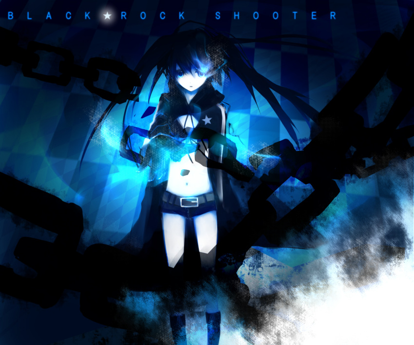 black_rock_shooter black_rock_shooter_(character) blue_eyes chain hakoda_eko highres midriff navel solo