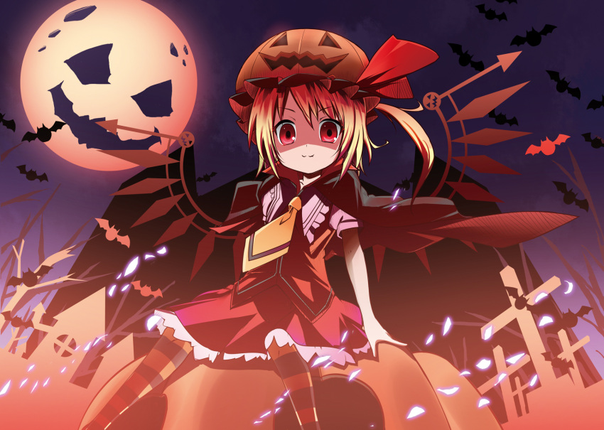 bell_(artist) blonde_hair fang flandre_scarlet halloween highres moon red_eyes short_hair side_ponytail solo touhou wings