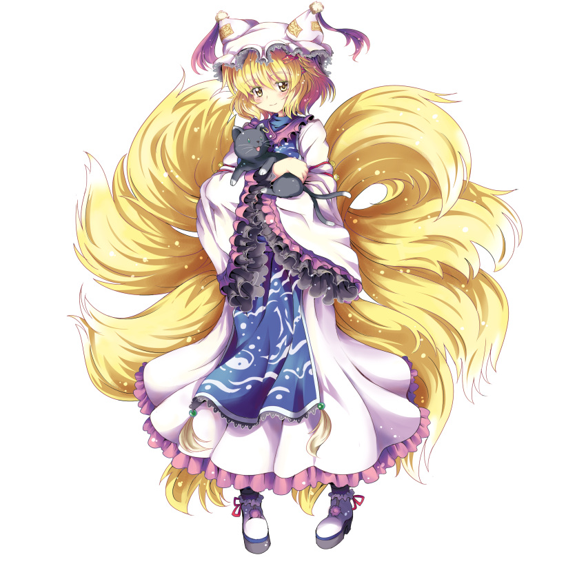 abyss_of_parliament animal_ears blonde_hair cat chen chen_(cat) hat highres multiple_tails neko north_abyssor short_hair tail touhou transparent_background yakumo_ran yellow_eyes