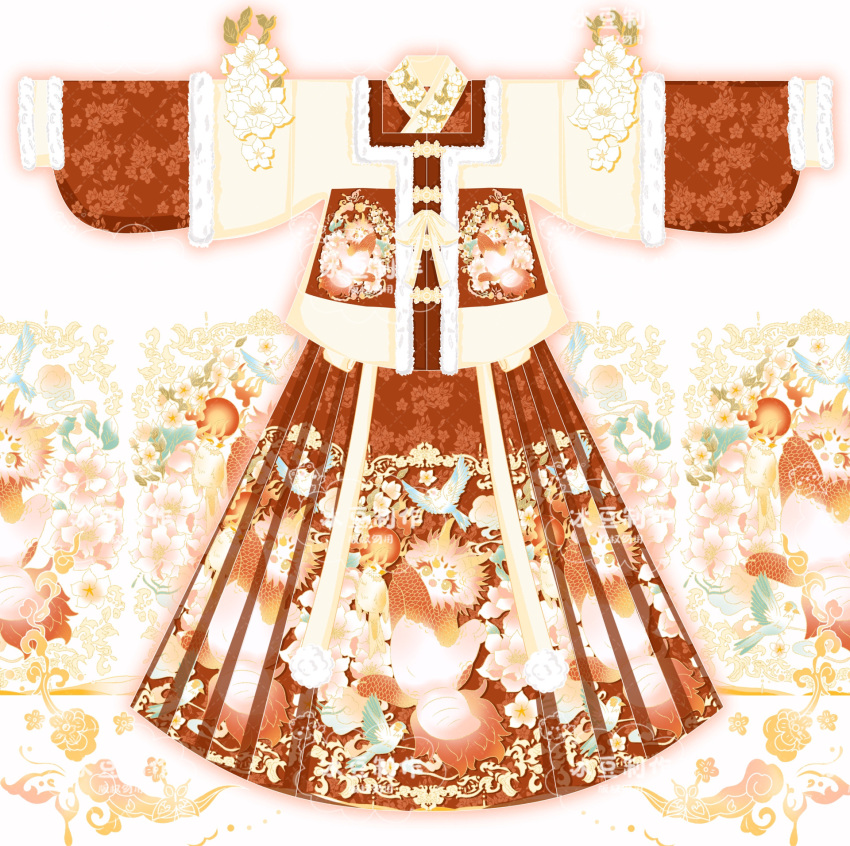 animal_print aoqun banbi bird_print bow chinese_clothes clothes_focus dragon_print floral_print_shirt floral_print_skirt fur-trimmed_shirt fur_trim hanfu highres iced layered_sleeves long_sleeves mamianqun no_humans original pleated_skirt red_hanfu red_shirt red_skirt shirt skirt square_neckline yellow_bow yellow_shirt