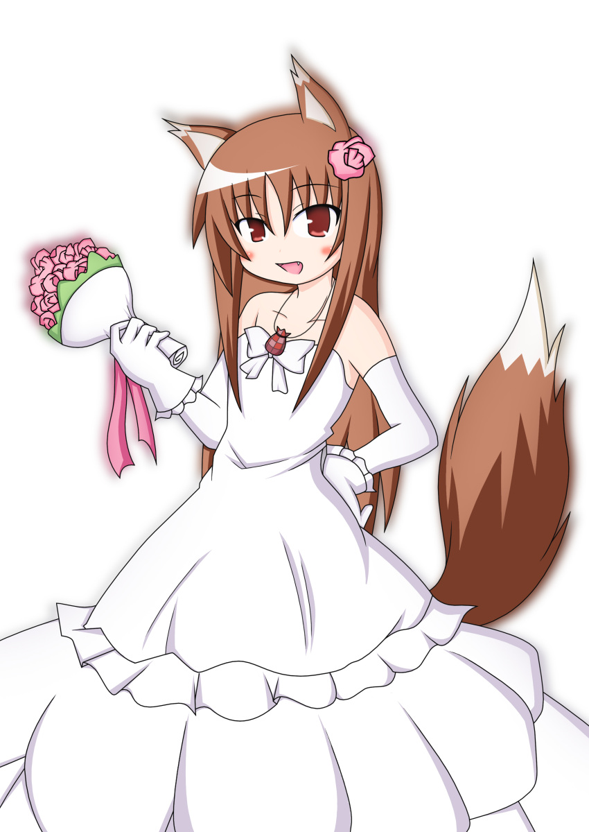 animal_ears bouquet bride brown_hair dress ezaki_itsuki fang flower highres holo long_hair red_eyes spice_and_wolf tail wedding_dress wolf_ears