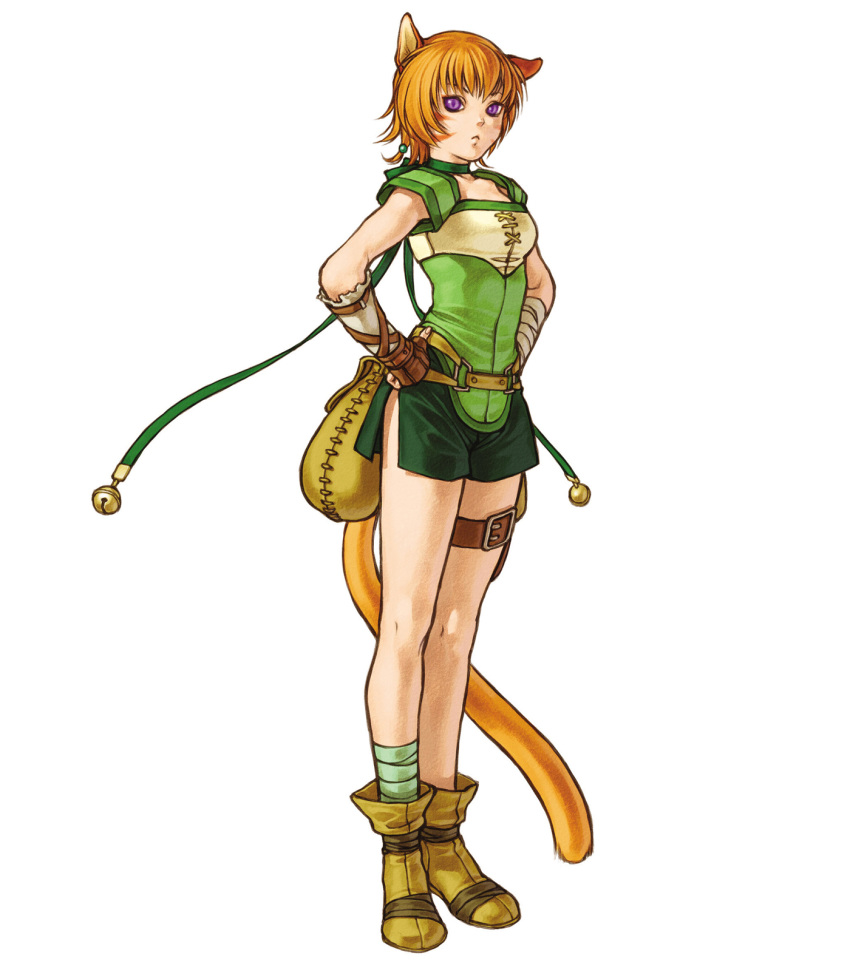 1girl bandages bangs bell cat_ears choker closed_mouth female fire_emblem fire_emblem:_akatsuki_no_megami fire_emblem:_souen_no_kiseki fire_emblem_path_of_radiance fire_emblem_radiant_dawn full_body green_choker green_neckwear green_shorts hands_on_hips highres kita_senri kita_senri_(artist) lethe official_art orange_hair purple_eyes shoes short_sleeves shorts side_slit simple_background solo standing tail thigh_strap violet_eyes white_background