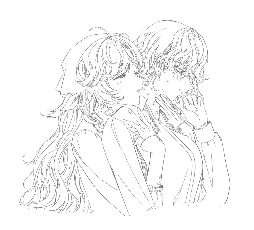 2girls :o blush cropped_torso from_side gloves greyscale half-closed_eyes hands_on_another's_shoulders hands_up head_on_another's_shoulder headscarf highres hug hug_from_behind lineart long_hair medium_hair monochrome multiple_girls necktie profile reverse:1999 rokilly shirt undone_necktie untying upper_body vila_(reverse:1999) wavy_hair white_background windsong_(reverse:1999) yuri