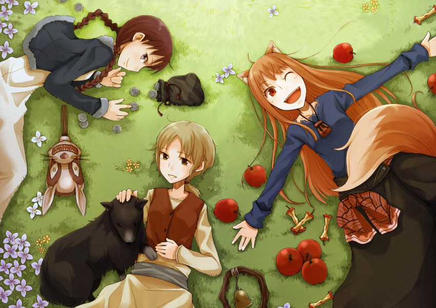 apple apples ayakura_juu blonde_hair braid brown_hair chloe_(spice_and_wolf) coin dog enekk flower food fruit grass highres holo long_hair lying nora_arento ponytail pouch red_eyes sheepdog skirt spice_and_wolf tail vest wink wolf_ears