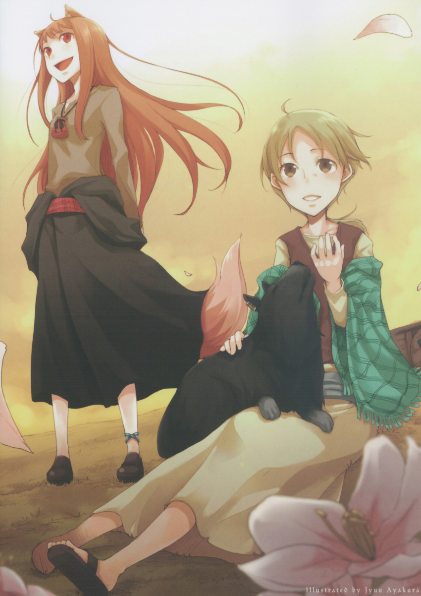 animal_ears anklet ayakura_juu blonde_hair brown_hair dog enekk flower highres holo jewelry long_hair nora_arento pouch red_eyes sandals shawl sheepdog short_hair sitting skirt spice_and_wolf standing tail vest wolf_ears