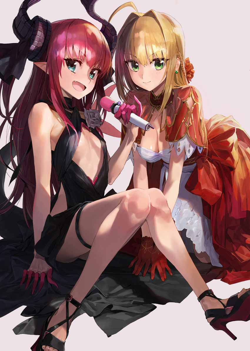 2girls ahoge all_fours asymmetrical_horns bangs blonde_hair blue_eyes blush braid breasts cleavage commentary_request curled_horns dragon_girl dragon_horns dragon_tail dress elizabeth_bathory_(fate) elizabeth_bathory_(fate)_(all) eyebrows_visible_through_hair fate/extra fate/extra_ccc fate/grand_order fate_(series) french_braid green_eyes hair_bun hair_intakes high_heels highres horns juliet_sleeves long_hair long_sleeves looking_at_viewer loose_bikini medium_breasts mossi multiple_girls nero_claudius_(fate) nero_claudius_(fate)_(all) open_mouth pink_hair pointy_ears puffy_sleeves red_dress red_ribbon revealing_clothes revision ribbon sitting small_breasts smile tail thigh_strap thighs two_side_up