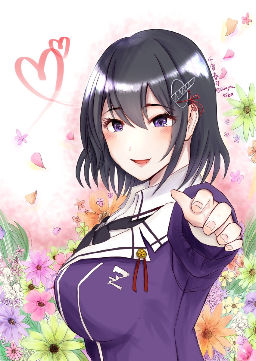 1girl black_hair black_neckwear black_ribbon brown_eyes flower haguro_(kantai_collection) hair_ornament hairclip heart highres jacket kantai_collection looking_at_viewer open_mouth outstretched_arm petals purple_jacket remodel_(kantai_collection) ribbon short_hair smile solo suuyu_siba twitter_username upper_body violet_eyes
