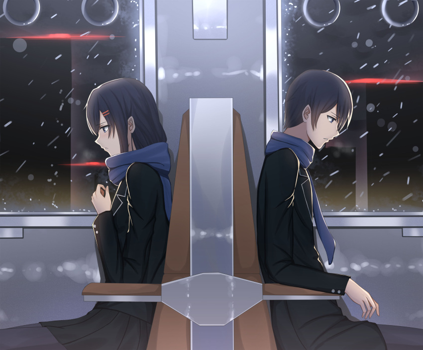 1boy 1girl bangs black_hair black_jacket black_skirt blazer blue_eyes blue_scarf blush closed_mouth commentary_request eyebrows_visible_through_hair fingernails grey_legwear hair_between_eyes hand_up highres jacket long_hair long_sleeves original pantyhose parted_lips pleated_skirt profile roi_(liu_tian) scarf seat sitting skirt snowing train_interior