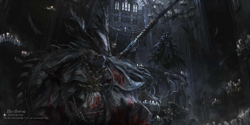 2girls altar ascot belt blood bloodborne bloody_clothes candle candlestand chandelier character_check character_name cloak copyright_name covered_mouth dark dust_particles eileen_the_crow english hat highres indoors lady_maria_of_the_astral_clocktower long_hair multiple_girls pillar stu_dts weapon weapon_on_back window