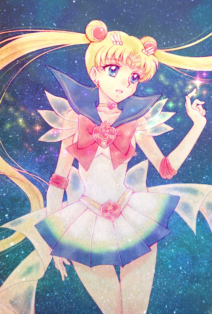 1girl aizen_(syoshiyuki) bishoujo_senshi_sailor_moon blonde_hair blue_eyes blue_sailor_collar bow bowtie choker collarbone cowboy_shot crescent crescent_earrings double_bun earrings elbow_gloves eyebrows_visible_through_hair floating_hair gloves headpiece heart highres jewelry long_hair miniskirt open_mouth pleated_skirt red_bow red_neckwear sailor_collar sailor_moon see-through shirt skirt sleeveless sleeveless_shirt solo super_sailor_moon twintails very_long_hair white_gloves white_shirt