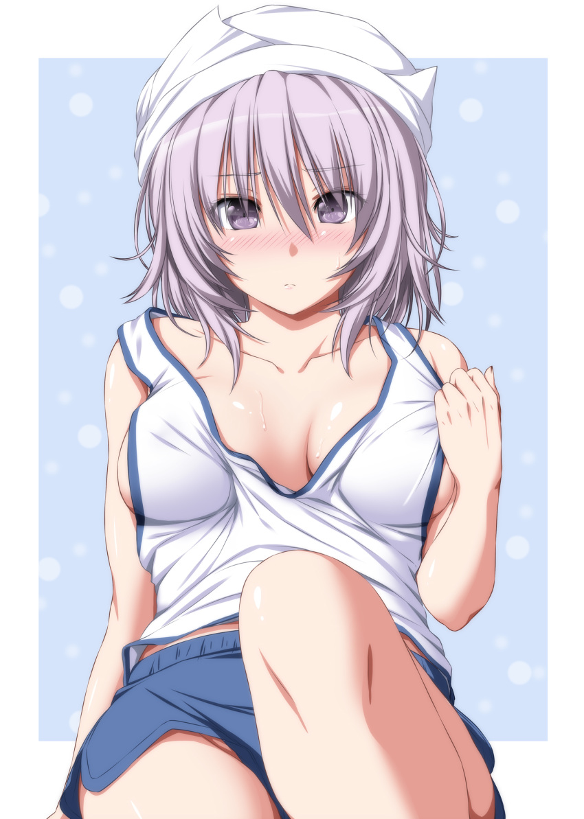 1girl bangs bare_arms bare_shoulders blue_background blue_shorts blush border boyshorts breasts breasts_apart collarbone hair_between_eyes hand_up hat highres knee_up lavender_hair letty_whiterock long_hair looking_at_viewer medium_breasts no_bra nori_tamago nose_blush shorts solo sweat tank_top touhou violet_eyes white_border white_hat white_tank_top