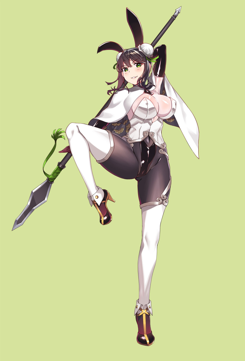 1girl absurdres adapted_costume black_hair breasts bunnysuit capelet cleavage commentary double_bun fate/grand_order fate_(series) green_eyes hiememiko highres large_breasts naginata polearm qin_liangyu_(fate) thigh-highs weapon white_legwear