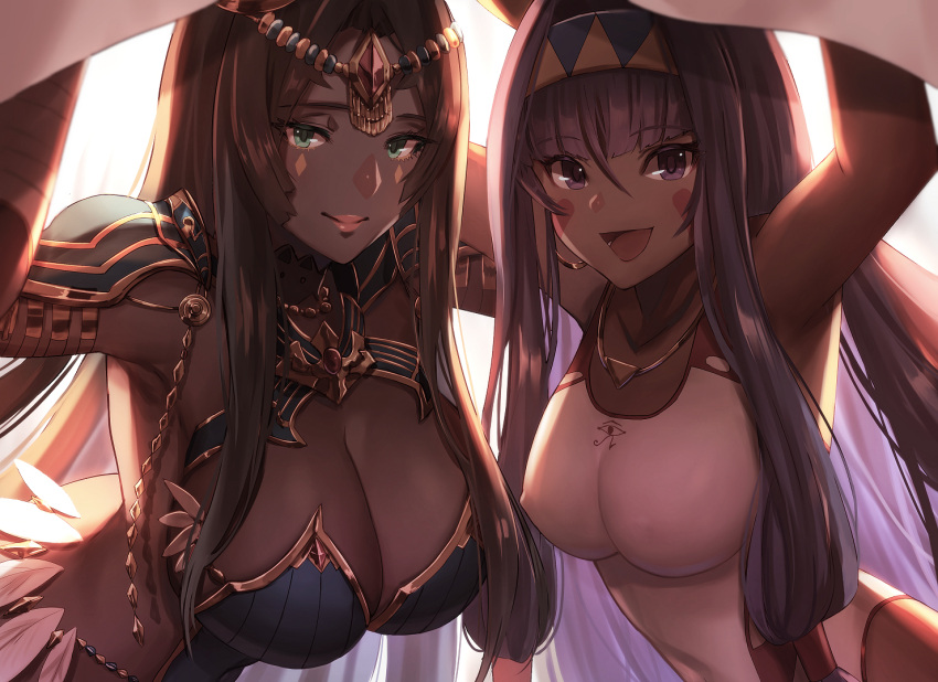 animal_ears arm_up arm_wrap armlet armpits bandage bandaged_arm bandages bangs bare_shoulders black_hair blanket blue_armor blush breastplate breasts chains circlet closed_mouth collarbone dark_skin dolce_(dolsuke) earrings facepaint facial_mark fate/grand_order fate_(series) feathers forehead_jewel green_eyes hair_between_eyes hair_tubes hairband hoop_earrings jackal_ears jewelry large_breasts long_hair looking_at_viewer low-tied_long_hair necklace nitocris_(fate/grand_order) nitocris_(swimsuit_assassin)_(fate) one-piece_swimsuit open_mouth parted_bangs pauldrons purple_hair scheherazade_(fate/grand_order) sidelocks smile swimsuit very_long_hair violet_eyes white_swimsuit