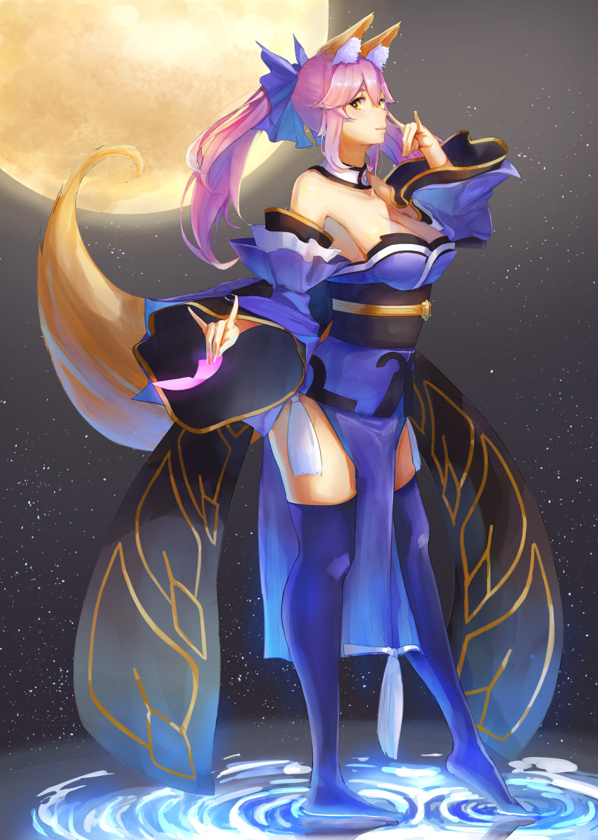 absurdres animal_ear_fluff animal_ears bare_shoulders blue_kimono blue_legwear breasts cleavage collarbone detached_sleeves fate/extra fate/grand_order fate_(series) fox_ears fox_girl fox_shadow_puppet fox_tail full_body full_moon gedou_hakurou highres japanese_clothes kimono large_breasts looking_afar moon night outdoors pink_hair sky star star_(sky) starry_sky tail tamamo_(fate)_(all) tamamo_no_mae_(fate) yellow_eyes