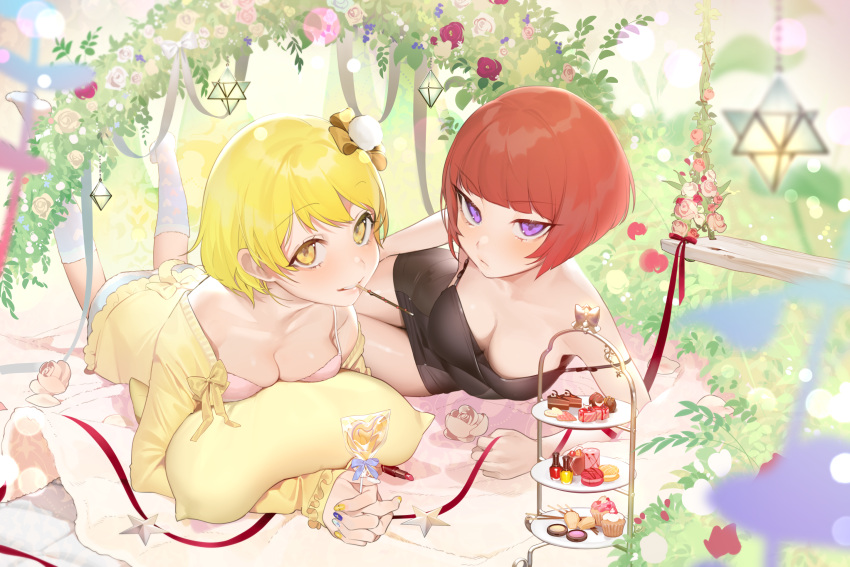2girls bangs blonde_hair blunt_bangs blush breasts cake cake_stand candy cleavage cup curie_(shining_star) dress eyebrows_visible_through_hair food grin heart heart_print highres kneehighs lollipop looking_at_viewer lying macaron medium_breasts multiple_girls nail_polish off_shoulder ohisashiburi on_stomach pocky purple_nails redhead shining_star short_hair sleeveless sleeveless_dress smile violet_eyes yellow_eyes yellow_nails