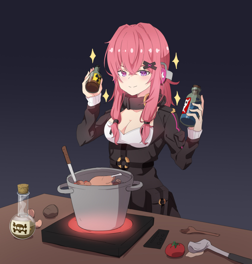 1girl breasts chicken_(food) cleavage dark_background food girls_frontline hair_ornament hayarob highres k31_(girls_frontline) ladle melting pink_hair poison pot potato radioactive smile solo stove tomato twintails violet_eyes wooden_spoon