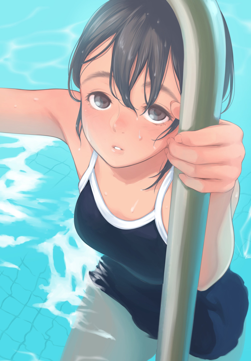 1girl absurdres bare_arms bare_shoulders black_eyes black_hair blue_swimsuit climbing_ladder comic_koh commentary_request fingernails highres kamo_(gafas) looking_at_viewer one-piece_swimsuit parted_lips pool school_swimsuit short_hair solo swimsuit wet
